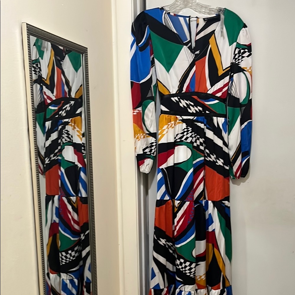 New York & Company Red and Blue V-neck Long Sleeve Sundress